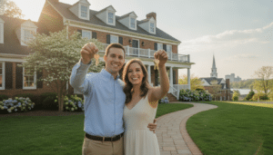 A happy couple holding house keys in front of their new home in Richmond, Virginia